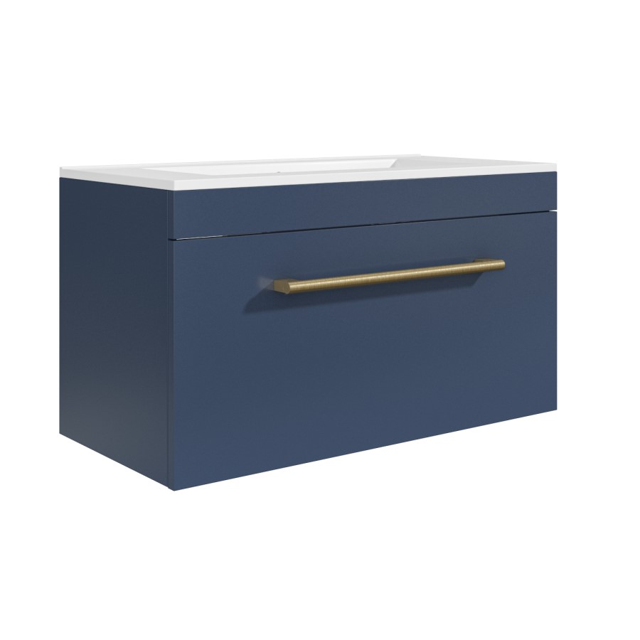 ONLY OPENED - 800mm Blue Wall Hung Vanity Unit with Basin and Brushed Brass Handle - Ashford
