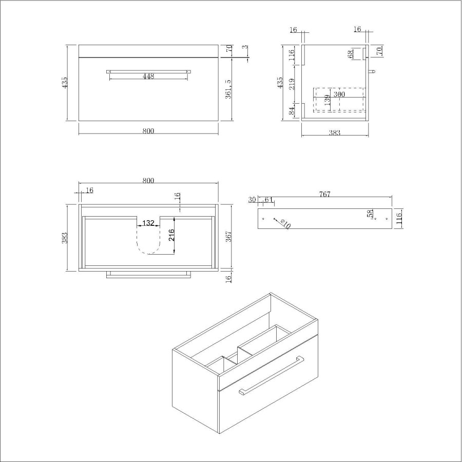 800mm White Wall Hung Vanity Unit with Basin and Black Handles - Ashford