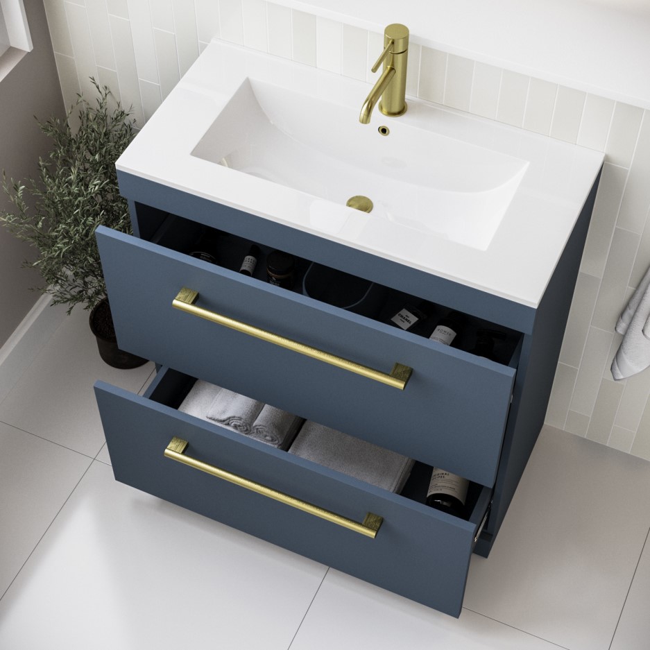 800mm Blue Freestanding Vanity Unit with Basin and Brushed Brass Handle