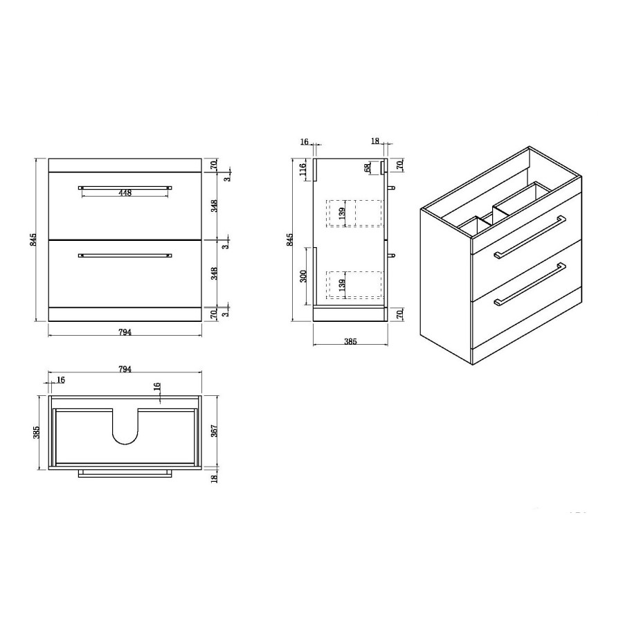 800mm White Freestanding Vanity Unit with Basin and Black Handles - Ashford