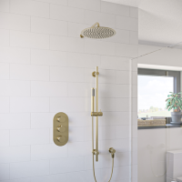 Brushed Brass Dual Outlet Thermostatic Mixer Shower with Round Wall Mounted Shower Head & Pencil Handset - Arissa