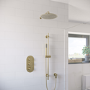 Brushed Brass Dual Outlet Thermostatic Mixer Shower with Round Wall Mounted Shower Head & Pencil Handset - Arissa