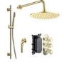 Brushed Brass Dual Outlet Thermostatic Mixer Shower with Round Wall Mounted Shower Head & Pencil Handset - Arissa