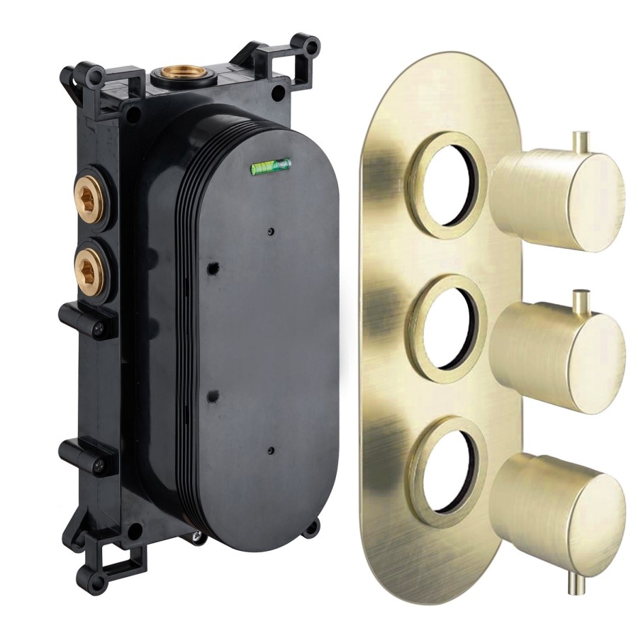 Brushed Brass Dual Outlet Thermostatic Mixer Shower with Round Wall Mounted Shower Head & Pencil Handset - Arissa