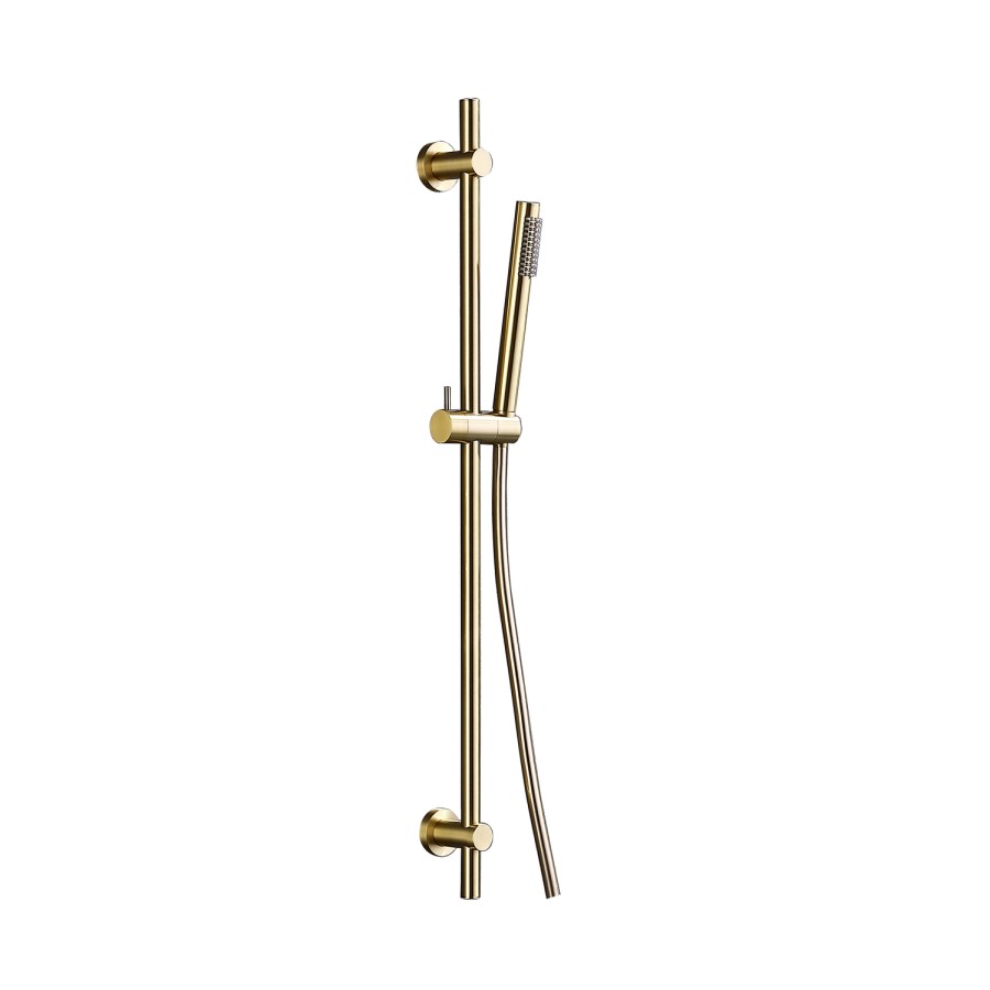 Brushed Brass Dual Outlet Thermostatic Mixer Shower with Round Wall Mounted Shower Head & Pencil Handset - Arissa