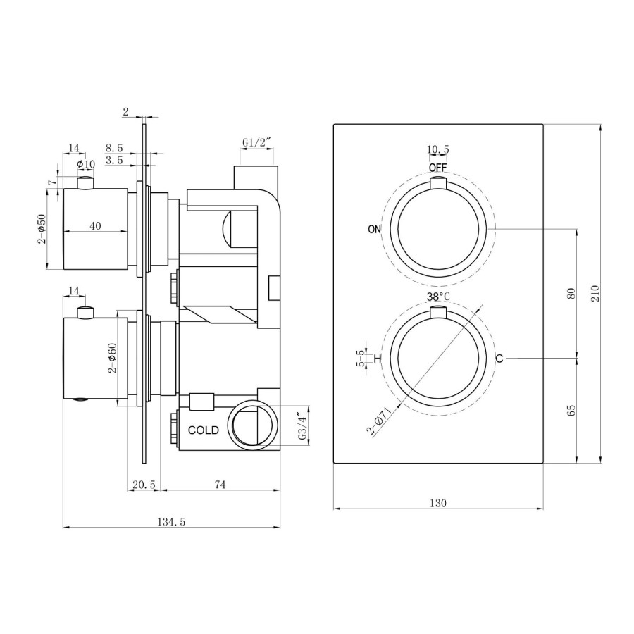 Arissa Matt Black Dual Control Round Concealed Valve - 1 Outlet