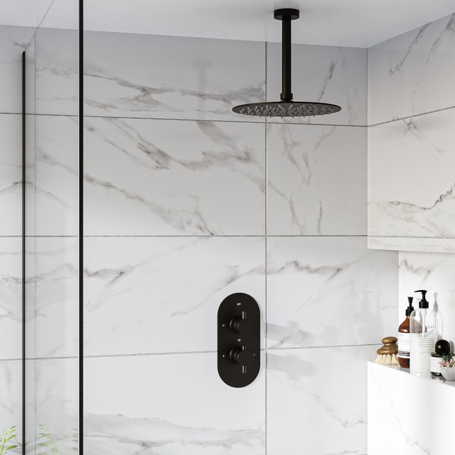 Grade A1 - Black Single Outlet Ceiling Mounted Thermostatic Mixer Shower - Arissa