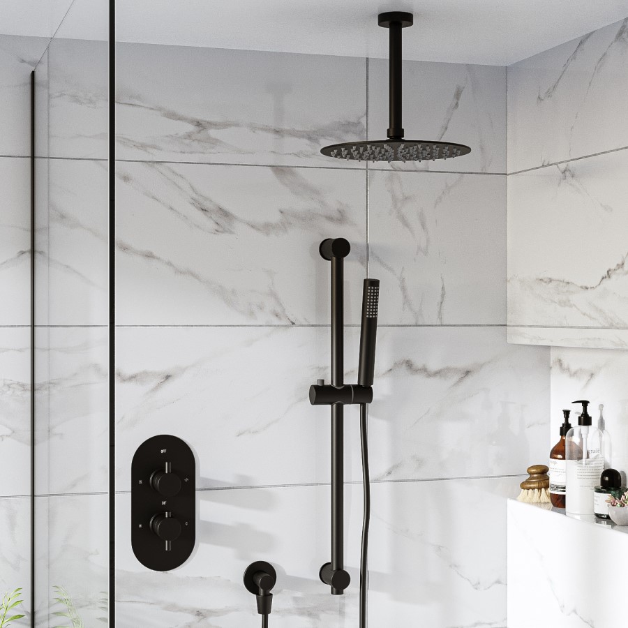 ONLY OPENED - Black Dual Outlet Ceiling Mounted Thermostatic Mixer Shower Set with Hand Shower - Arissa