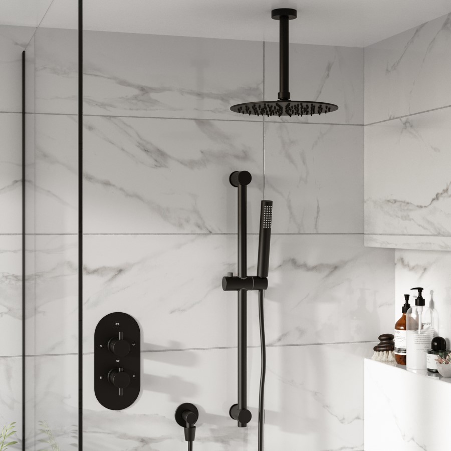 Black 2 Outlet  Ceiling Mounted Thermostatic Mixer Shower Set with Hand Shower - Arissa