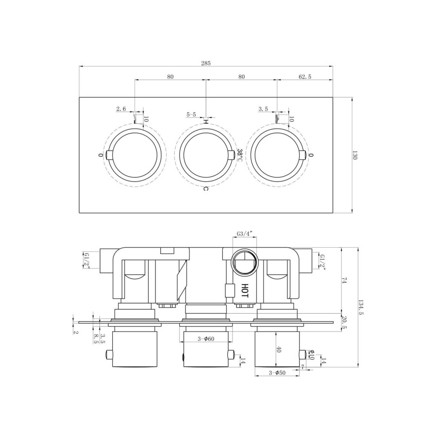 Arissa Matt Black Triple Control Round Concealed Valve - 2 Outlet