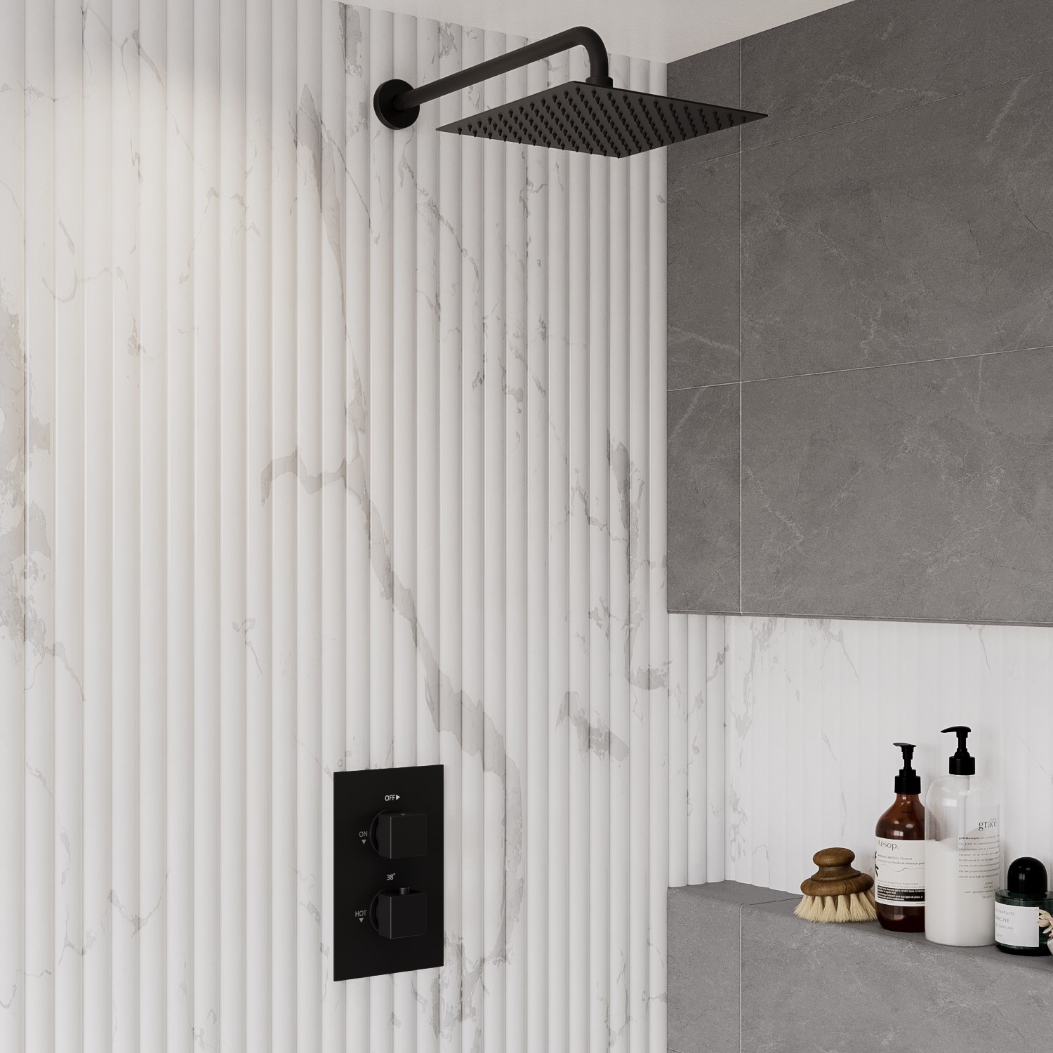 Black Concealed Shower MixerwithDual Control & Square Wall Mounted Head  Zana