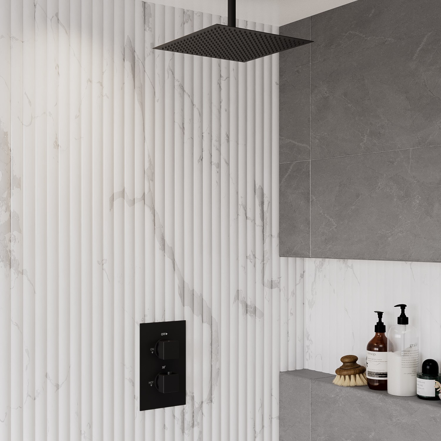 Black Concealed Shower MixerwithDual Control & Square Ceiling Mounted Head  Zana