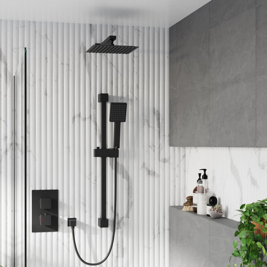 Grade A1 - Black Dual Outlet Wall Mounted  Thermostatic Mixer Shower with Hand Shower - Zana