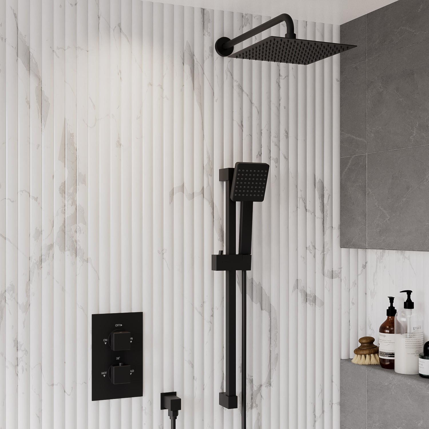 Black Concealed Shower Mixer with Dual Control & Square Wall Mounted Head and Handset - Zana