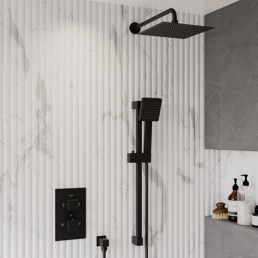 Black 2 Outlet  Wall Mounted  Thermostatic Mixer Shower Set with Hand Shower - Zana