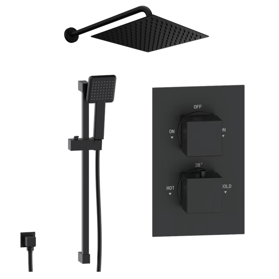 Black 2 Outlet  Wall Mounted  Thermostatic Mixer Shower Set with Hand Shower - Zana