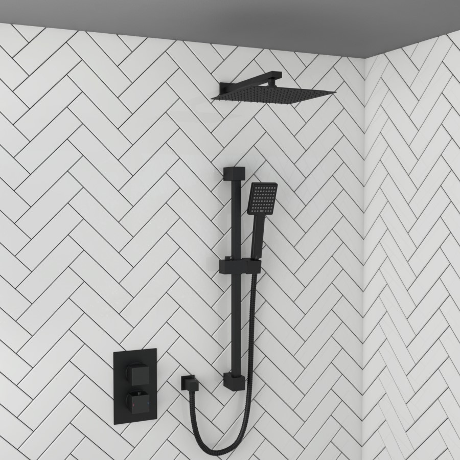 Grade A1 - Black Dual Outlet Wall Mounted  Thermostatic Mixer Shower with Hand Shower - Zana