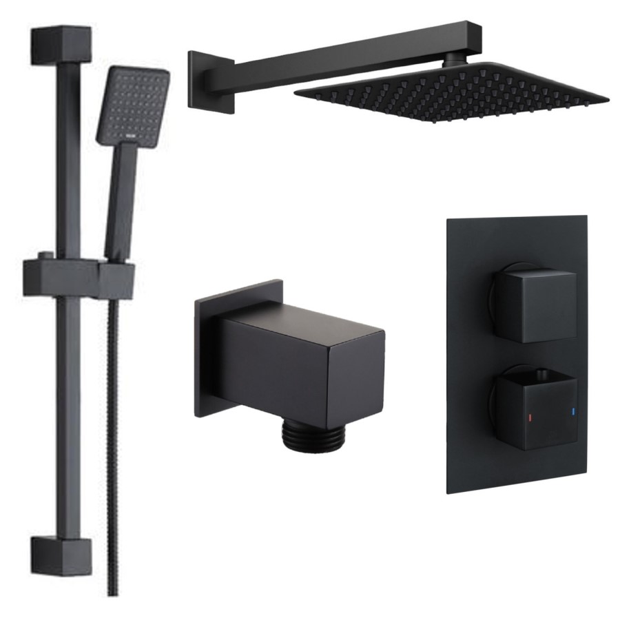 Grade A1 - Black Dual Outlet Wall Mounted  Thermostatic Mixer Shower with Hand Shower - Zana