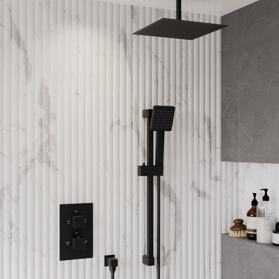 Black 2 Outlet  Ceiling Mounted  Thermostatic Mixer Shower Set with Hand Shower - Zana