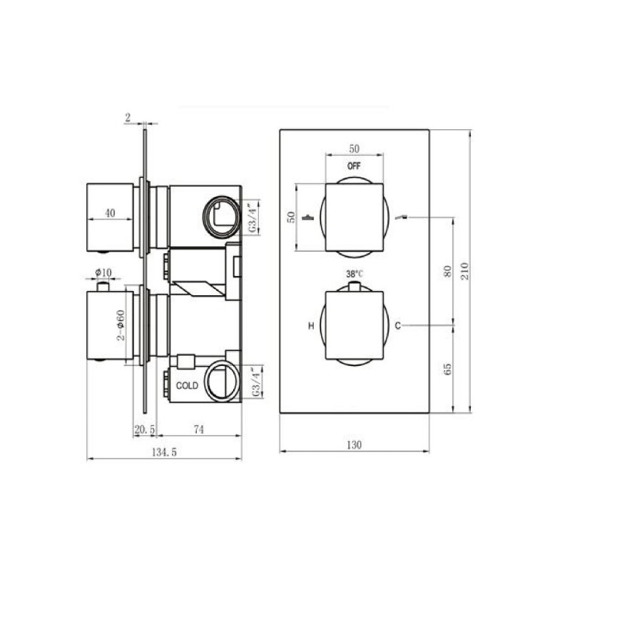 Zana Matt Black Dual Control Square  Concealed Valve - 2 Outlet