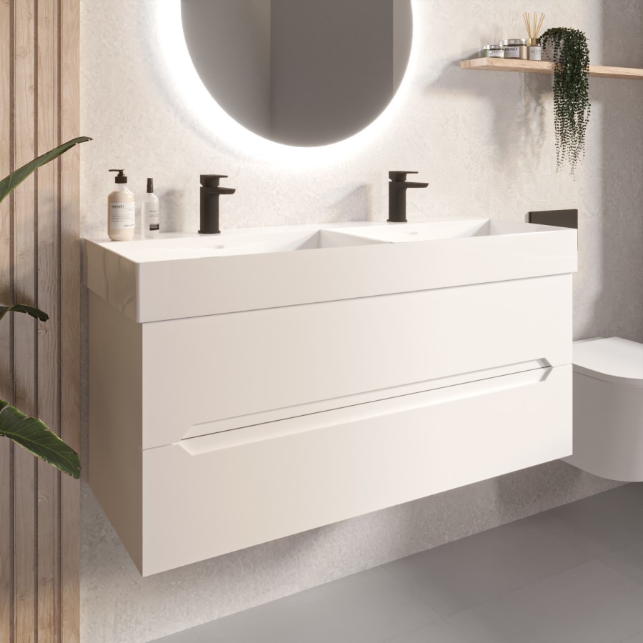 Grade A2 - 1200mm White Wall Hung Double Vanity Unit with Basin - Morella