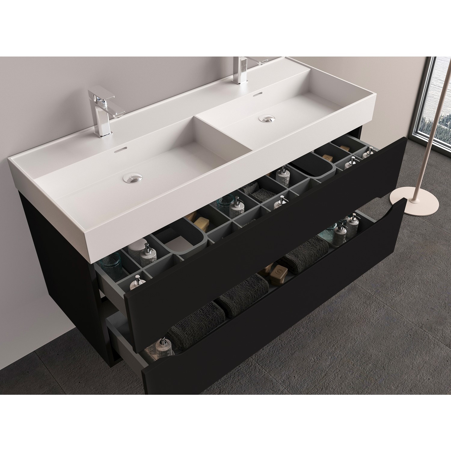 1200mm Black Wall Hung Double Vanity Unit with Basin - Morella - Better ...