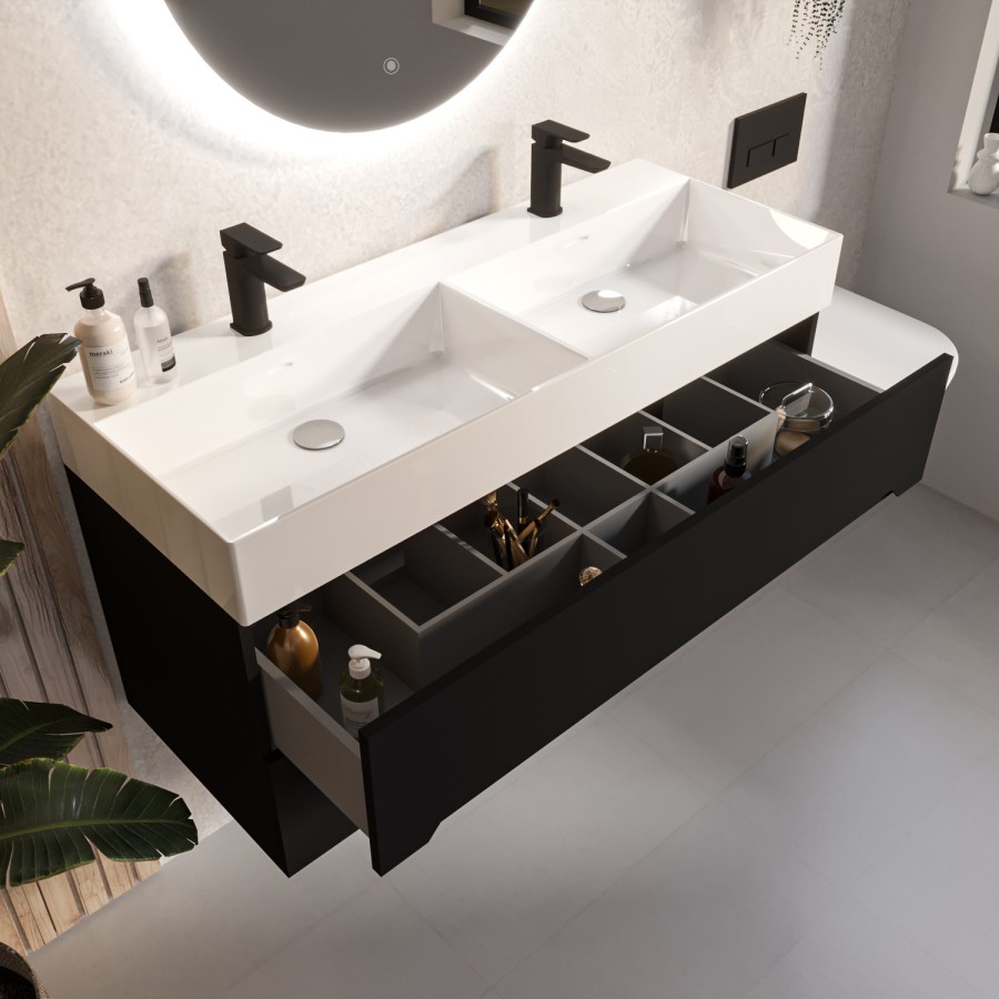 ONLY OPENED - 1200mm Black Wall Hung Double Vanity Unit with Basin - Morella