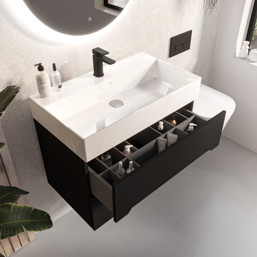 Grade A2 - 800mm Black Wall Hung Vanity Unit with Basin - Morella