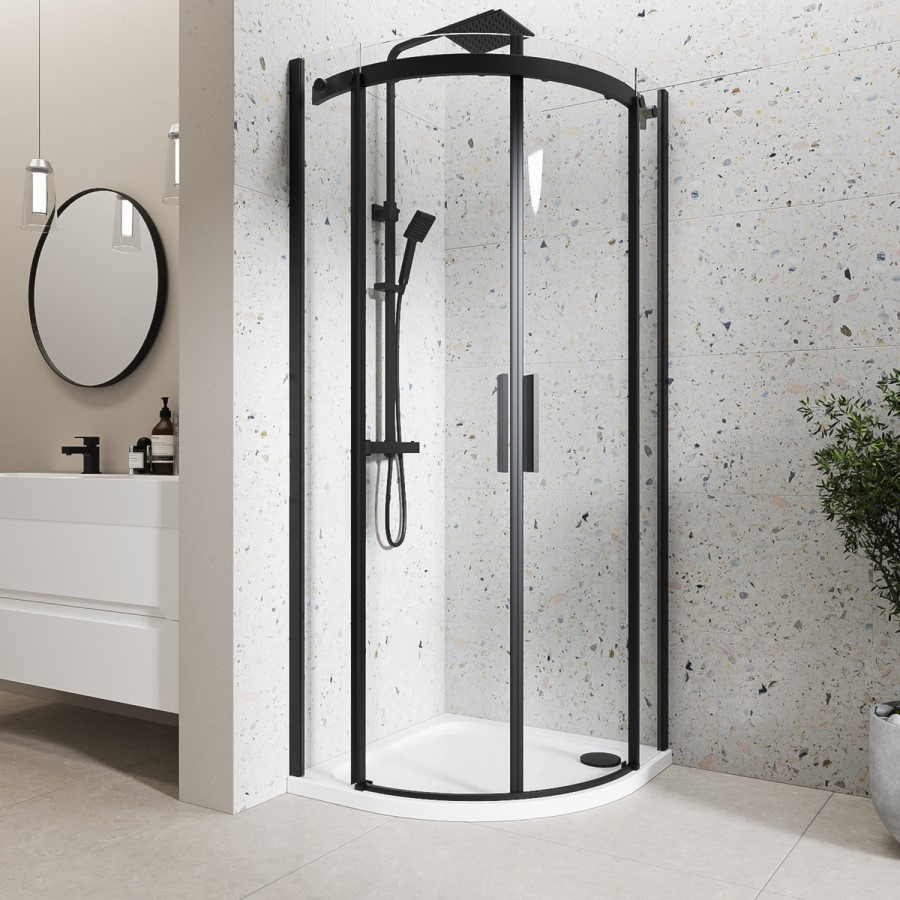Black 8mm Glass Frameless Quadrant Shower Enclosure with Shower Tray 900mm - Aquila