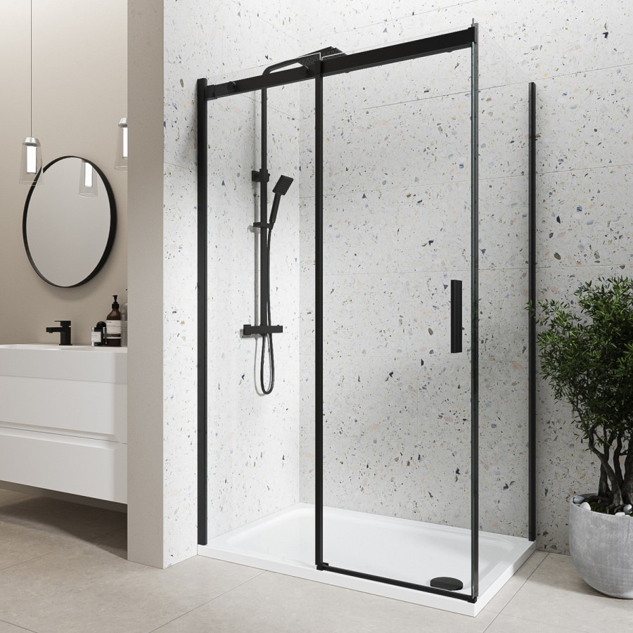 Black 8mm Glass Frameless Rectangular Sliding Enclosure with Shower Tray 1000x800mm - Aquila