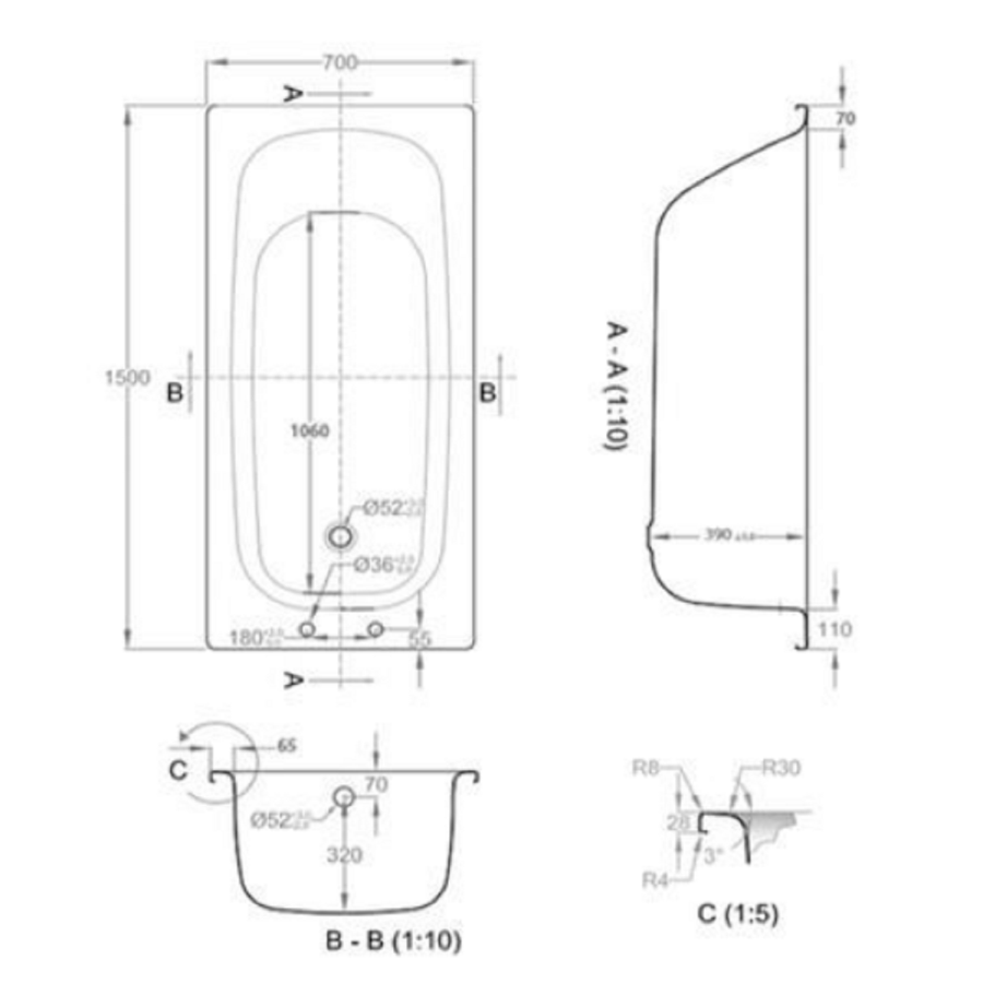 1500 x 700 Colt Single Ended Steel Bath with 2 Tap Holes