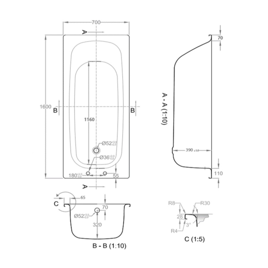 GRADE A2 - Single Ended Steel Bath with 2 Tap Holes - 1600 x 700mm
