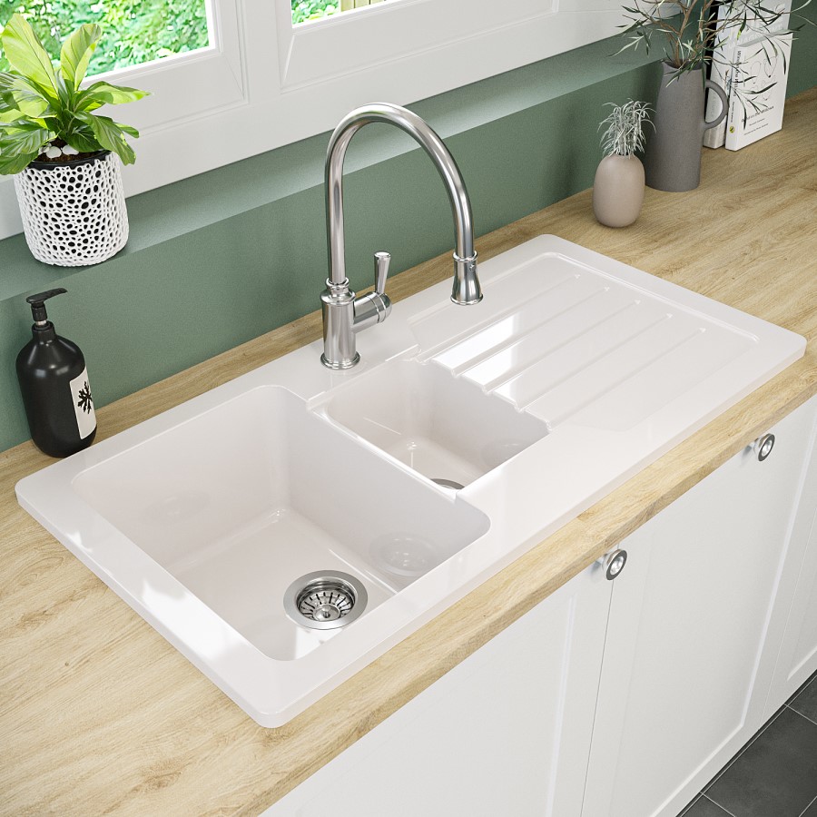 1.5 Bowl White Reversible Ceramic Inset Kitchen Sink with Pull Out Kitchen Mixer Tap Set - Taylor & Moore