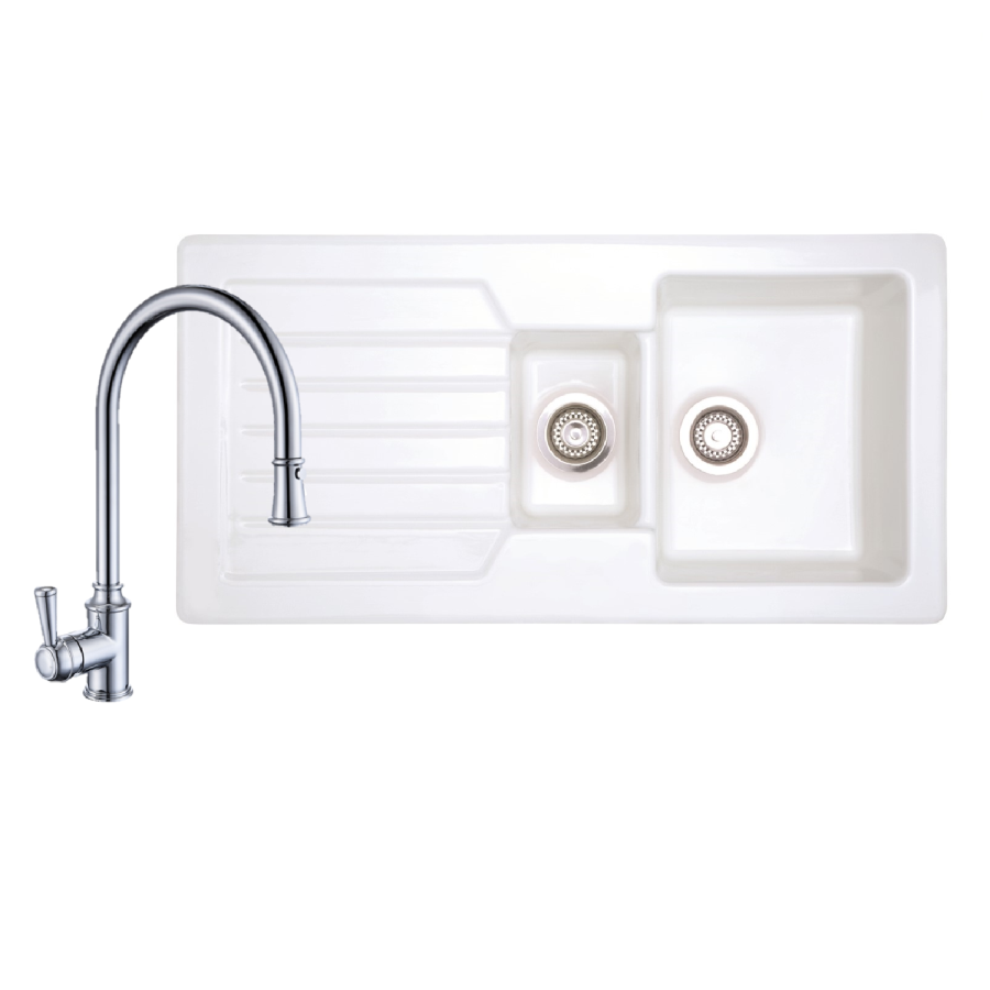 1.5 Bowl White Reversible Ceramic Inset Kitchen Sink with Pull Out Kitchen Mixer Tap Set - Taylor & Moore