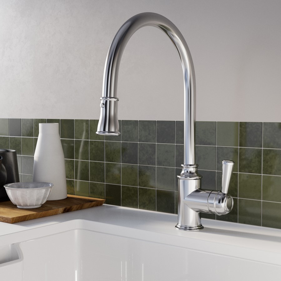 Chrome Single Lever Pull Out Traditional Monobloc Kitchen Mixer Tap - Enza Evelyn
