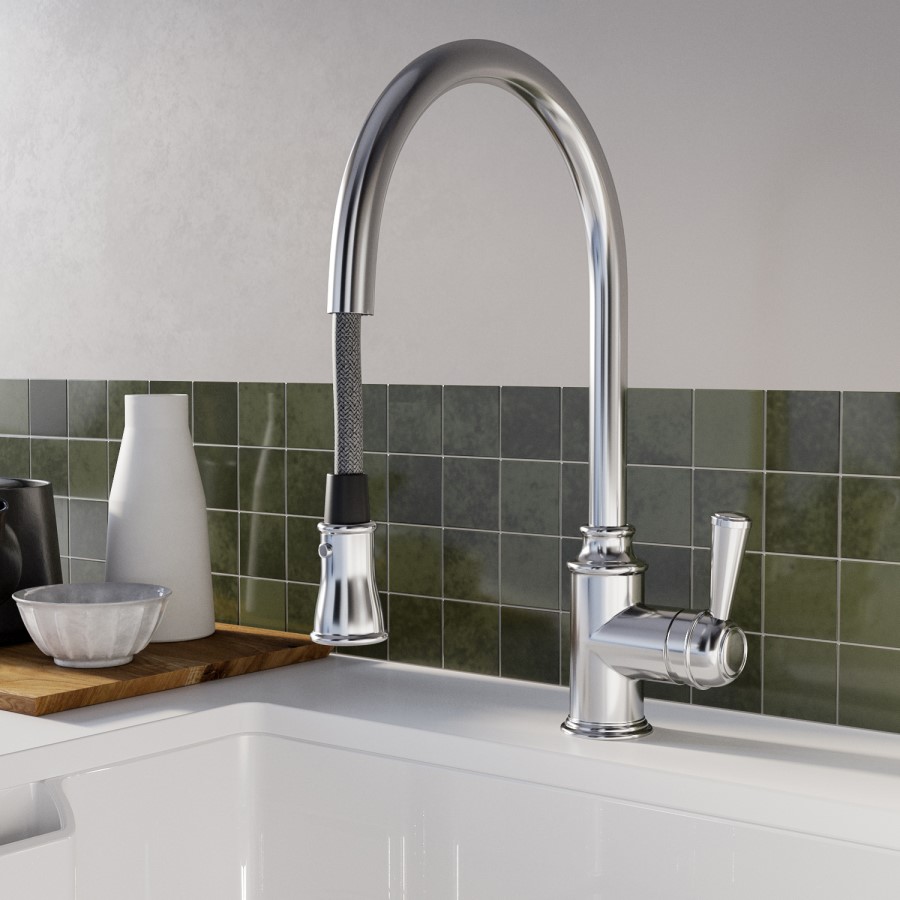 Chrome Single Lever Pull Out Traditional Monobloc Kitchen Mixer Tap - Enza Evelyn