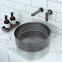 Stainless Steel Grey Round Countertop Basin with Wall Mounted Mixer Tap - Zorah