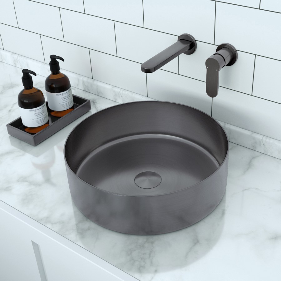 Stainless Steel Grey Round Countertop Basin with Wall Mounted Mixer Tap - Zorah