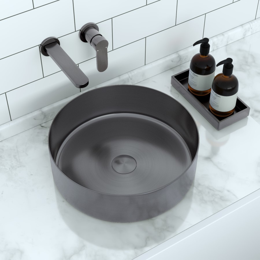Stainless Steel Grey Round Countertop Basin with Wall Mounted Mixer Tap - Zorah