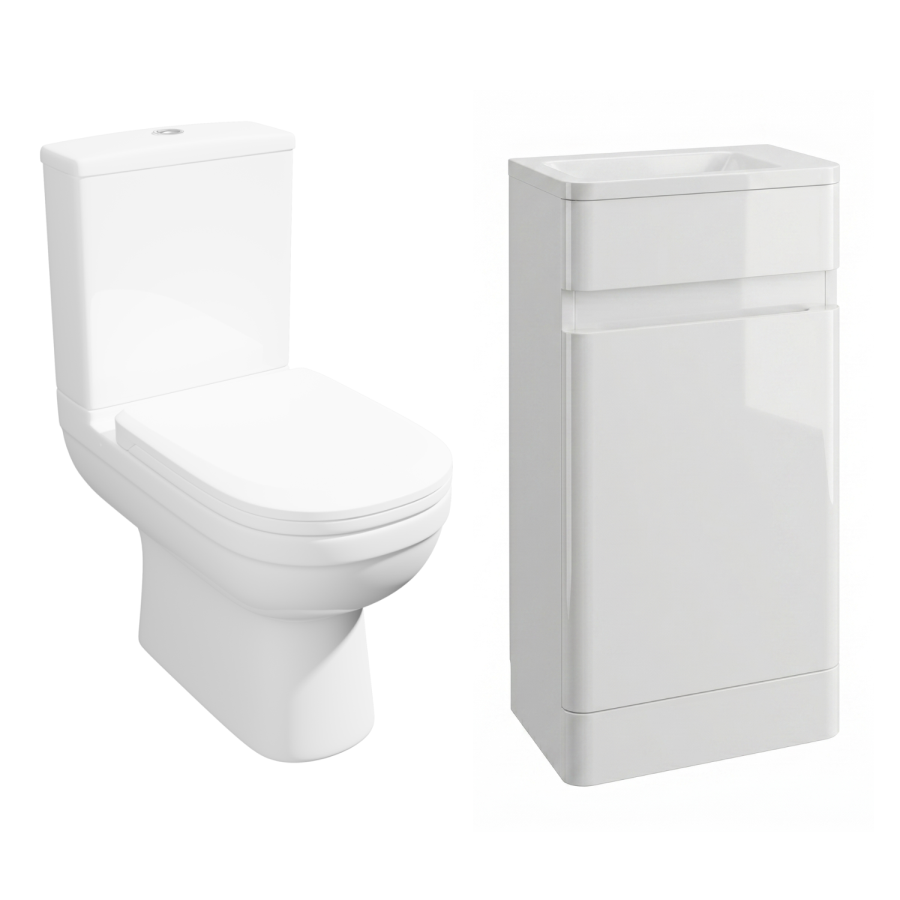 Close Coupled Toilet and White Gloss Basin Vanity Unit Cloakroom Suite - Pendle