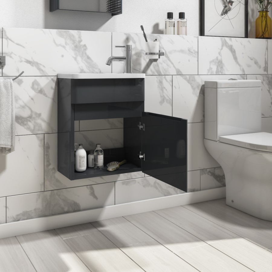 Grade A1 - 410mm Dark Grey Wall Hung Cloakroom Vanity Unit with Basin - Pendle