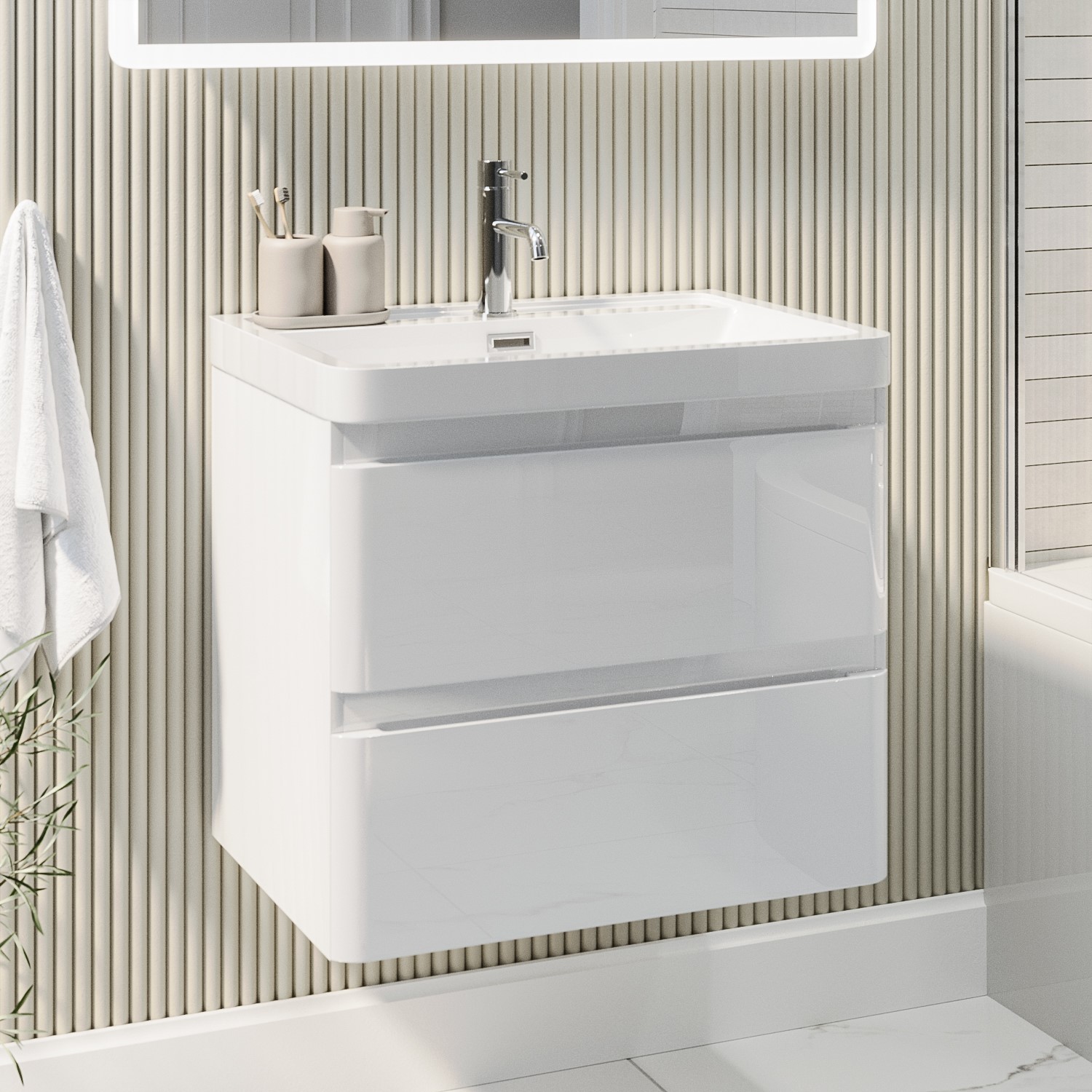 Bathroom Gloss White Wall Hung Vanity Unit Basin Sink 600 mm 