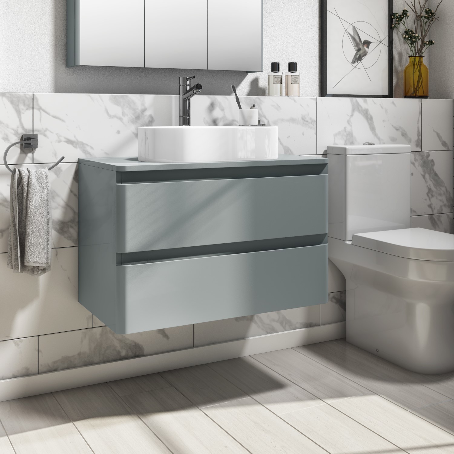 Grade A1 - 800mm Light Grey Countertop Wall Hung Vanity Unit with Basin - Pendle - Better Bathrooms