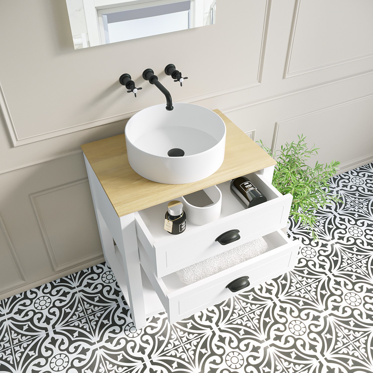 650mm White Traditional Freestanding Vanity Unit with Wood Effect Top and Black Handles Kentmere