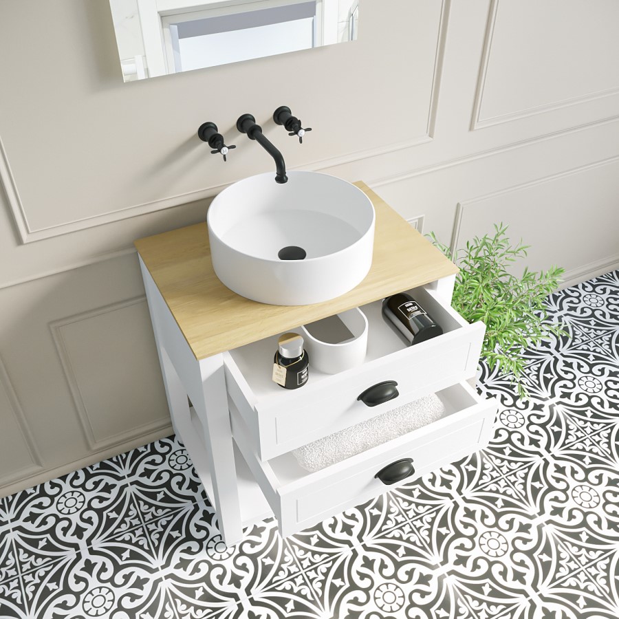 650mm White Traditional Freestanding Vanity Unit with Wood Effect Top and Black Handles - Kentmere