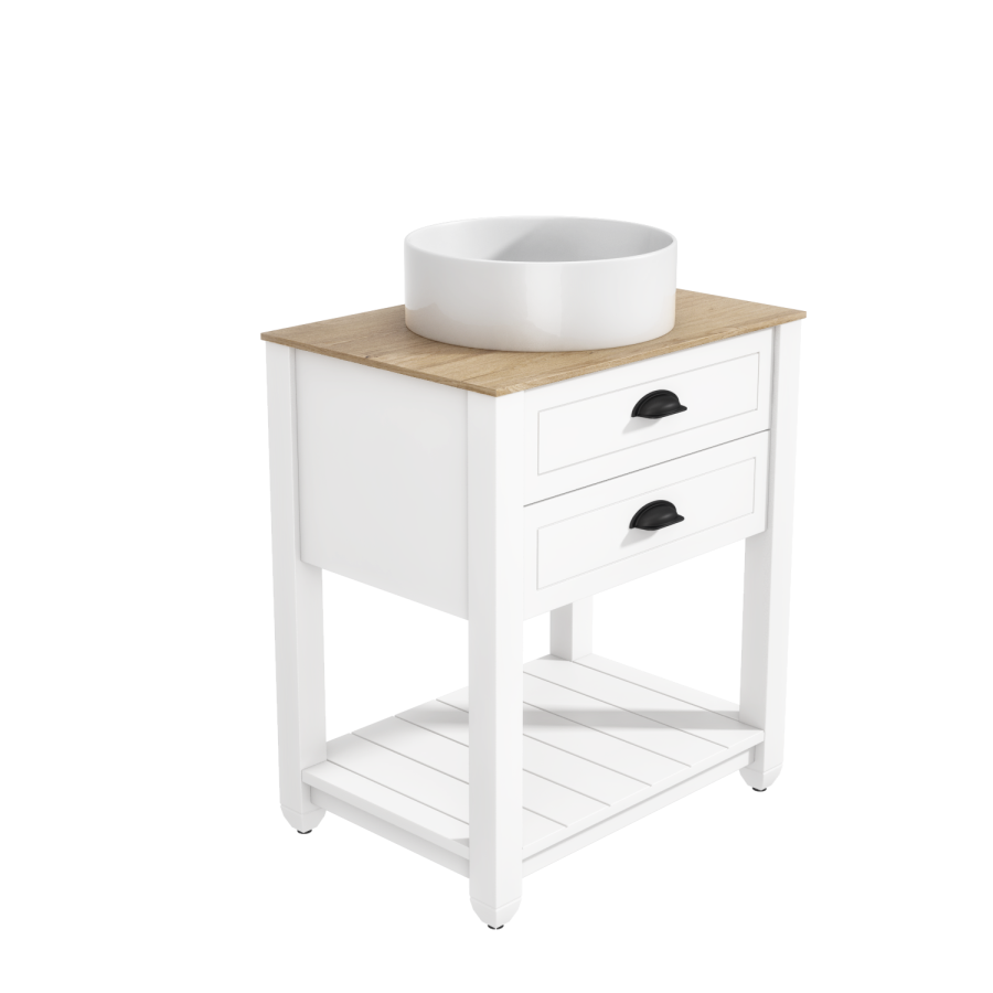 650mm White Traditional Freestanding Vanity Unit with Wood Effect Top and Black Handles - Kentmere