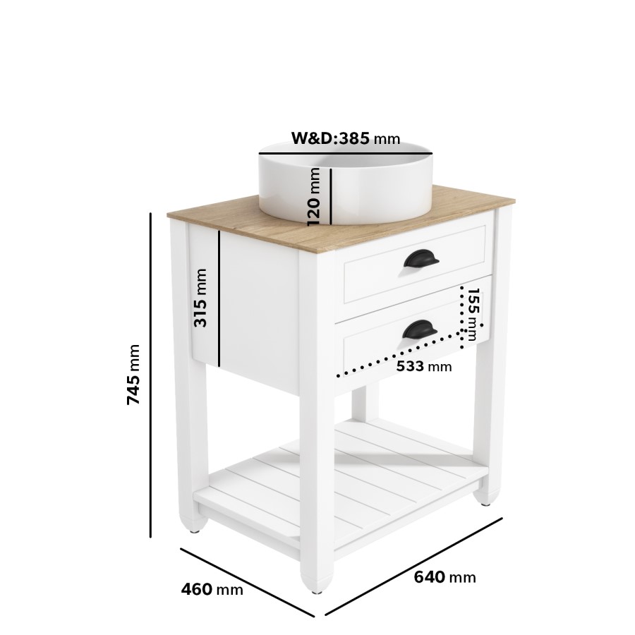 650mm White Traditional Freestanding Vanity Unit with Wood Effect Top and Black Handles - Kentmere