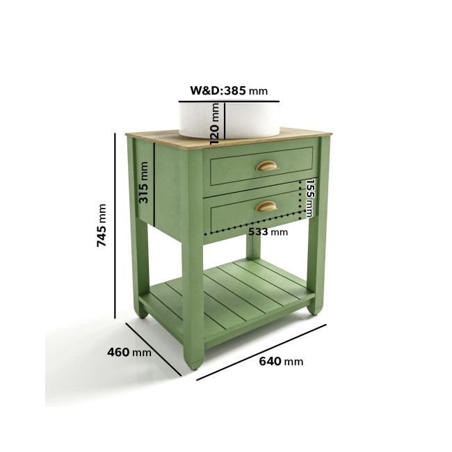 650mm Green Traditional Freestanding Vanity Unit with Basin and Brass Handles - Kentmere