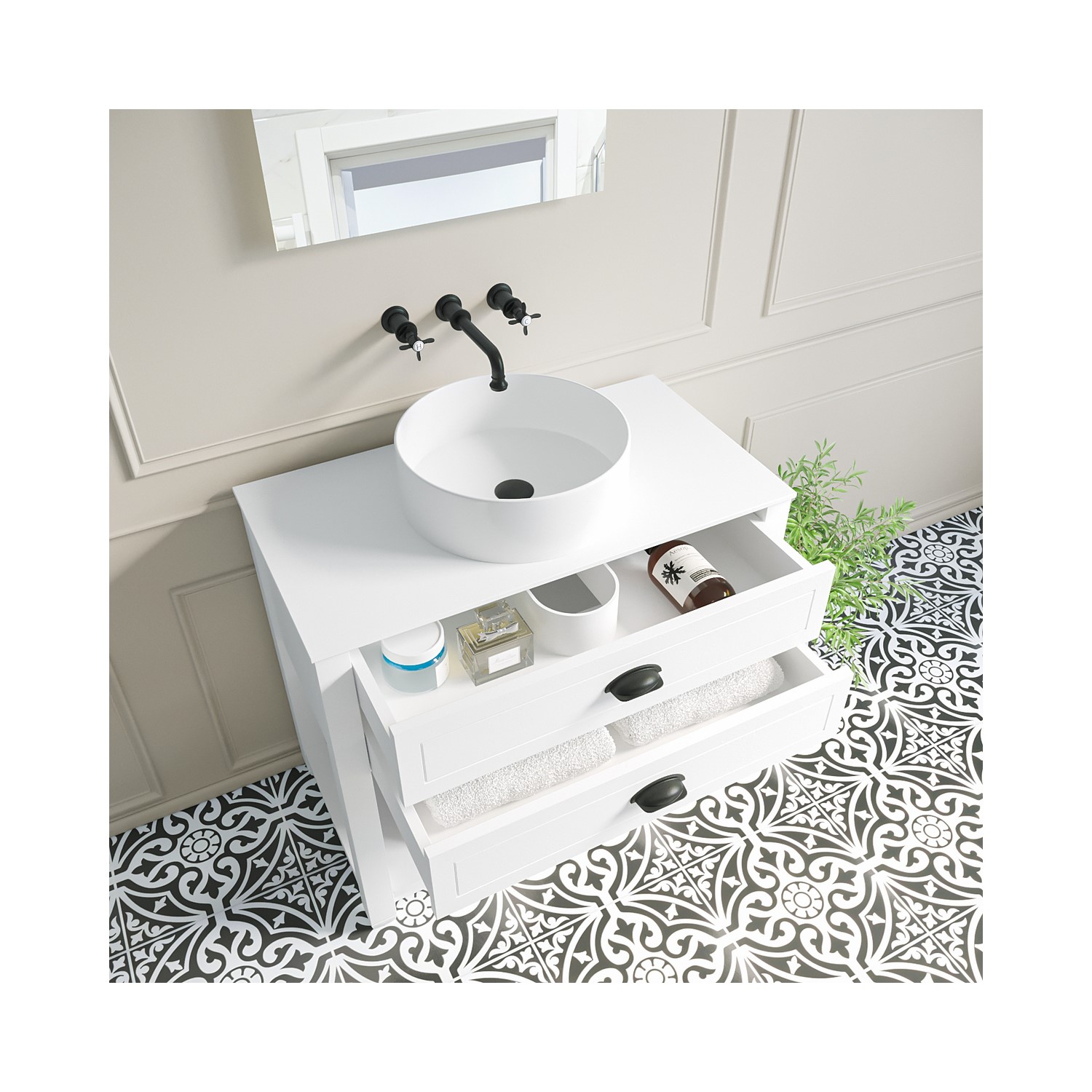 850mm White Traditional Freestanding Vanity Unit with Black Handles ...