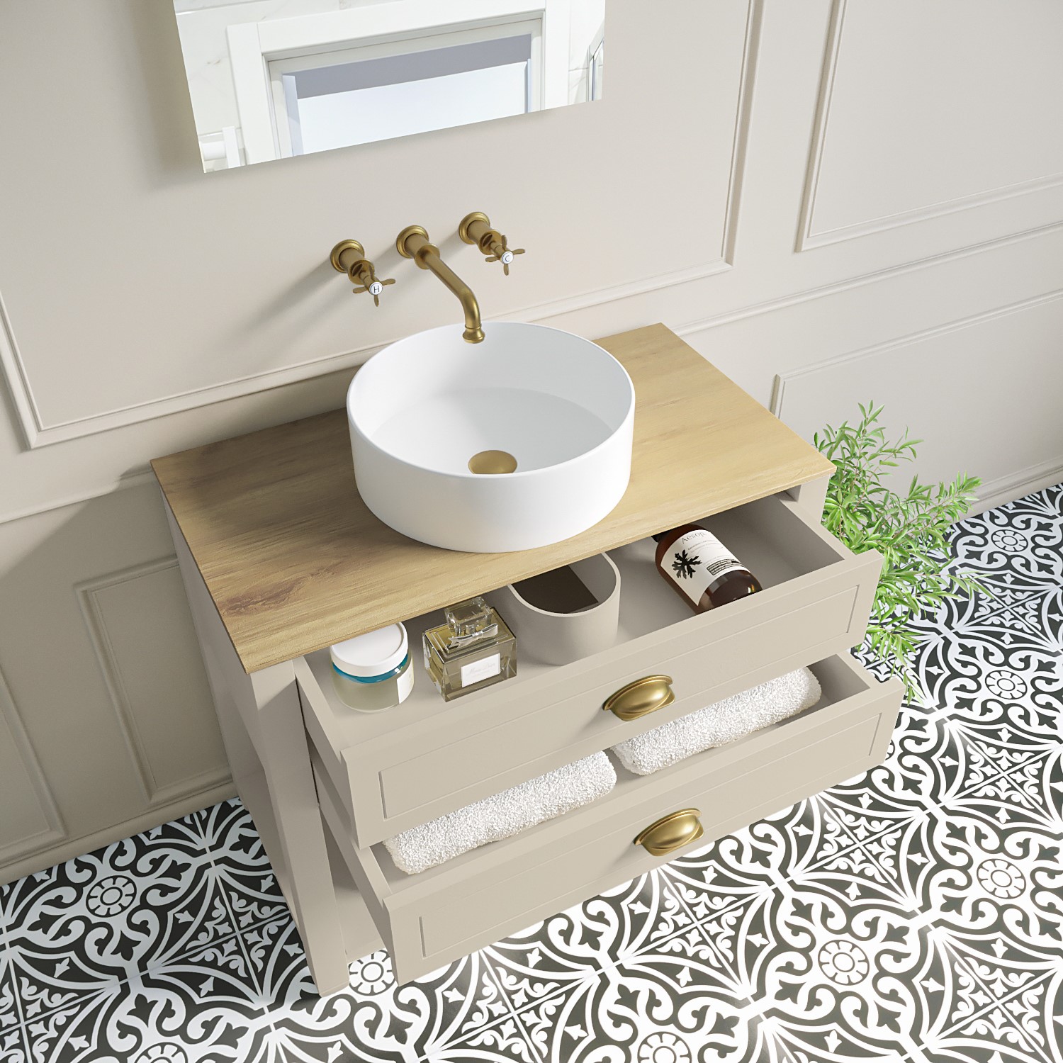 850mm Beige Traditional Freestanding Vanity Unit with Wood Effect Top ...